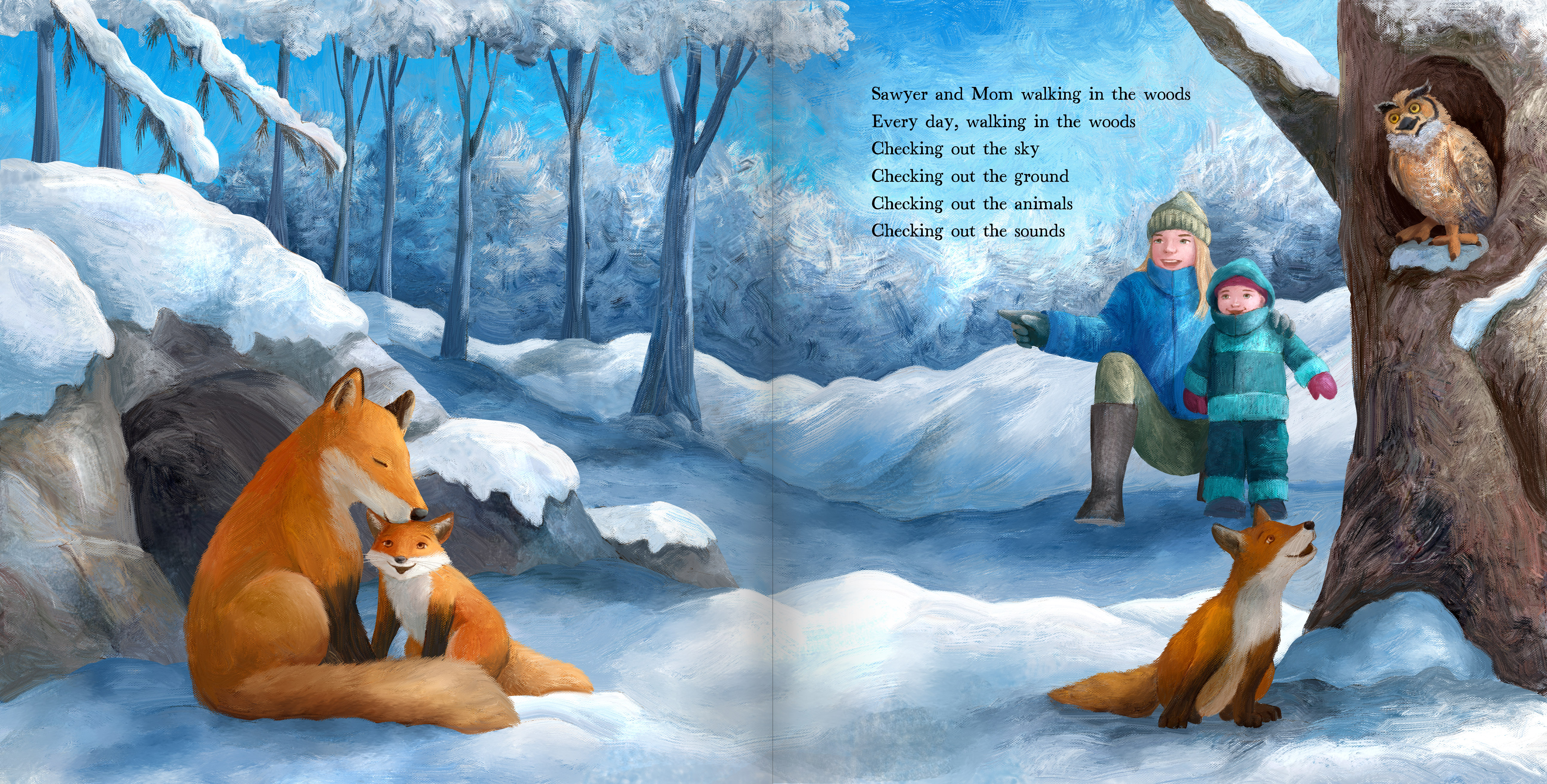 Two-page spread of a mother and child meeting a fox family in the snow, from 'Walk in the Woods'.